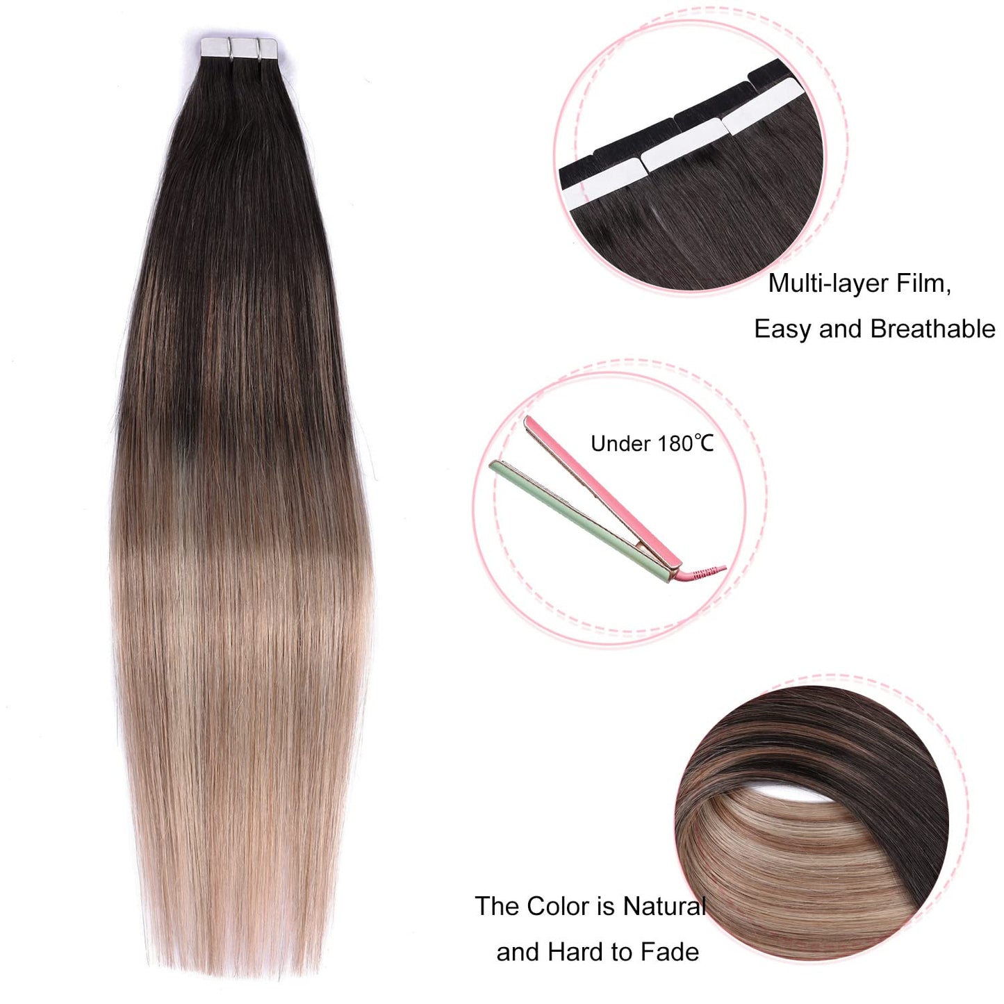 Tape in Hair Extensions Human Hair,DIYOMO #T1B/8P/60 Ash Brown Fading to Dirty Blonde and Ash Blonde Hair Extensions Handcrafted Soft & Smooth Remy Hair Extensions for Women,2.5g/Pcs 50g/Pack