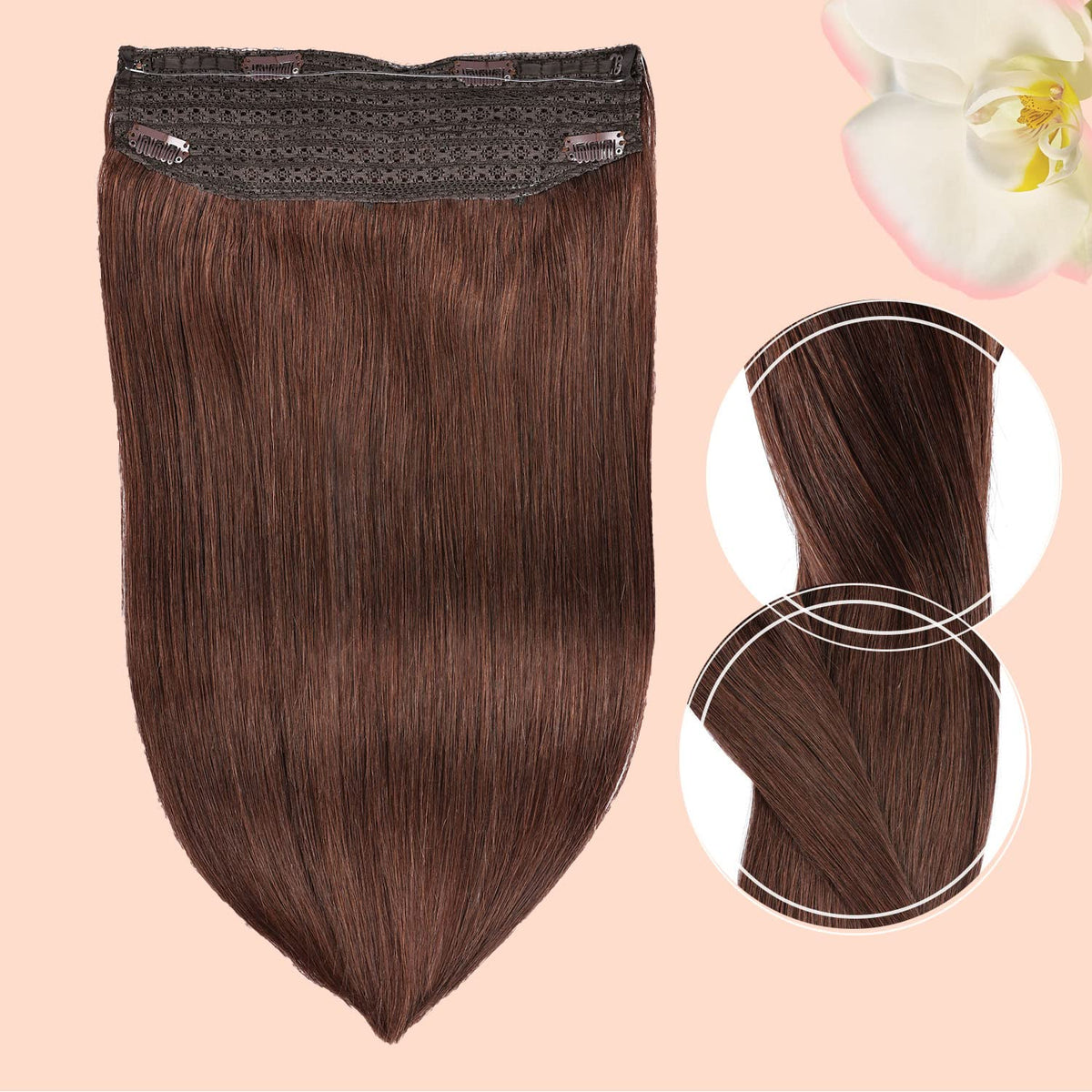 Wire Hair Extensions,DIYOMO Halo Hair Extensions Real Human Hair Auburn Medium Brown Hair Extensions Transparent Headband Adjustable Size Removable Secure,Hair Halo Extensions for Women,#4