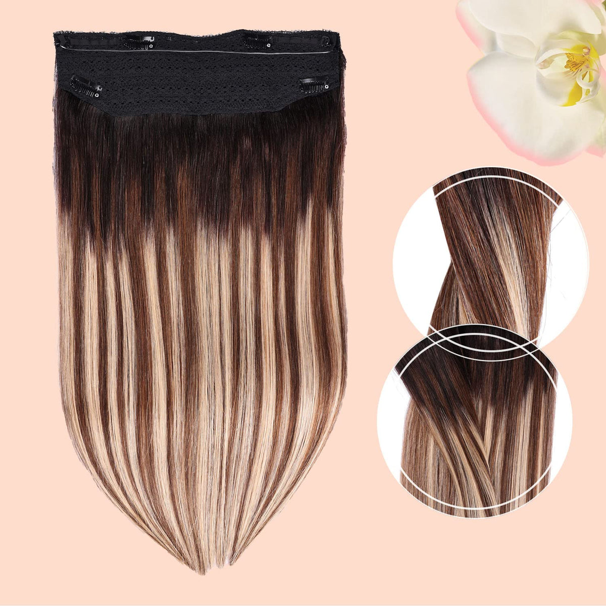 Wire Hair Extensions,DIYOMO Halo Hair Extensions Real Human Hair Hair Extensions Transparent Headband Adjustable Size Removable Secure,Hair Halo Extensions for Women,#1B/4/27