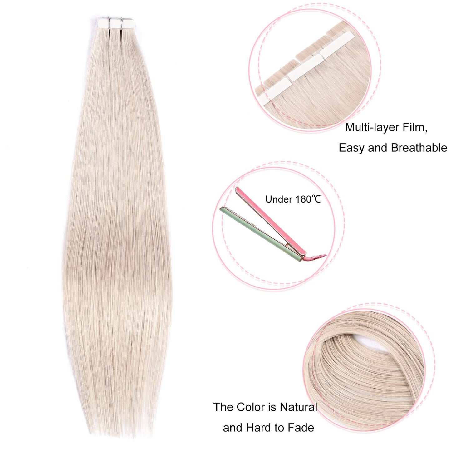 Tape in Hair Extensions Human Hair,#60A Bleach Blonde Hair Extensions Handcrafted Soft & Smooth Remy Hair Extensions for Women,DIYOMO 2.5g/Pcs 50g/Pack