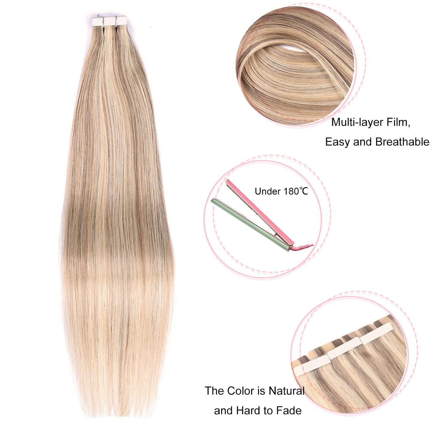 Tape in Hair Extensions Human Hair,DIYOMO#P16/22 Blonde Highlight Bleached Blonde Hair Extensions Handcrafted Soft & Smooth Remy Hair Extensions for Women, 2.5g/Pcs 50g/Pack