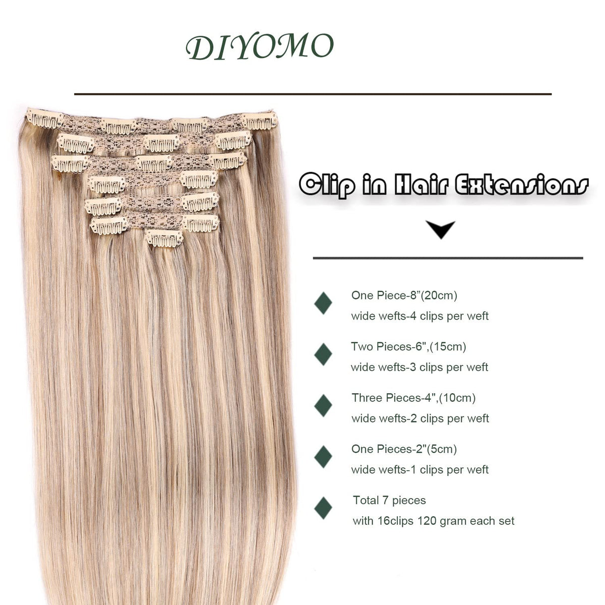 DIYOMO Clip in Hair Extensions Real Human Hair Blonde Highlights Bleached Blonde Remy Seamless Straight Natural Clip ins Thick 120g 7pcs Clip on Hair Extensions Clip in Human Hair for Women,#P16/22