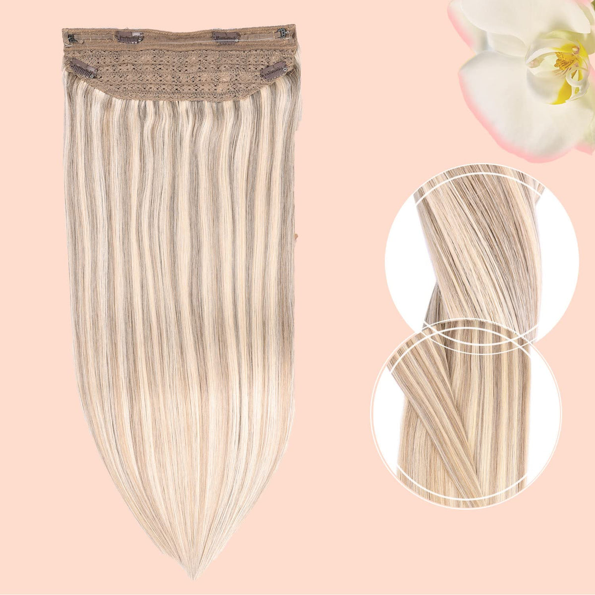 Wire Hair Extensions,DIYOMO Halo Hair Extensions Real Human Hair Hair Extensions Transparent Headband Adjustable Size Removable Secure,Hair Halo Extensions for Women,#P16/22
