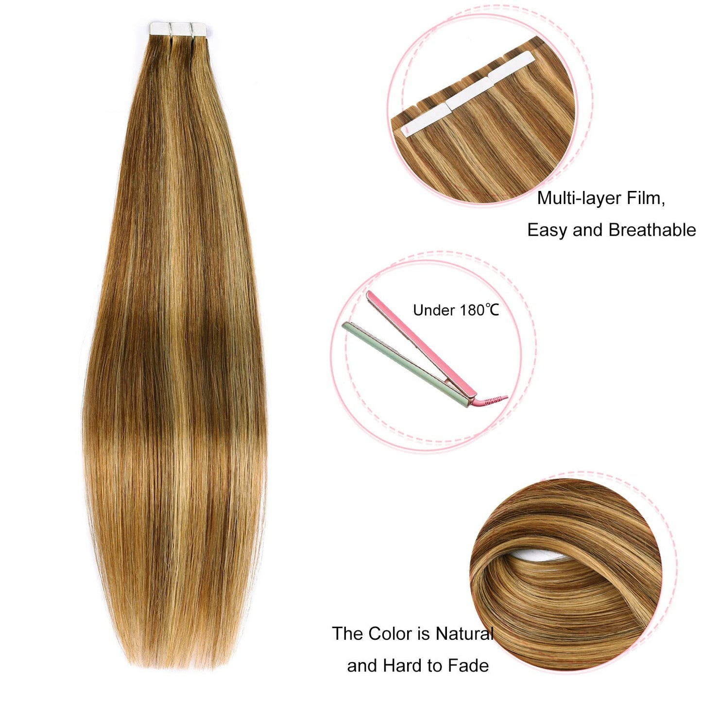 DIYOMO Tape in Hair Extensions Human Hair,Chestnut Brown Auburn Brown Hair Extensions Handcrafted Soft & Smooth Remy Hair Extensions for Women,#P7B/8B 2.5g/Pcs 50g/Pack