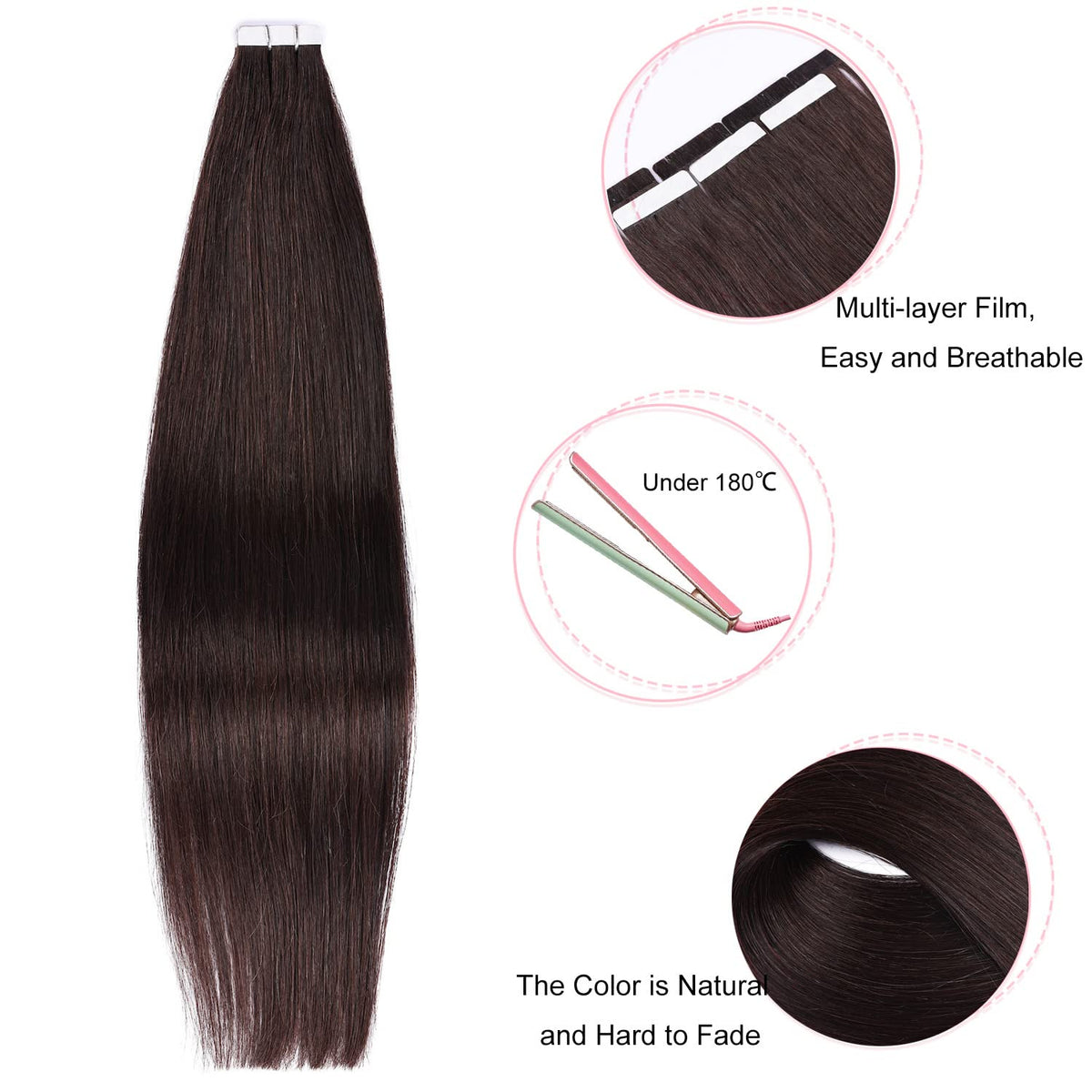 DIYOMO Invisible Tape in Hair Extensions Human Hair,#2 Dark Brown Hair Extensions Handcrafted Soft & Smooth Remy Hair Extensions for Women,2.5g/Pcs 50g/Pack