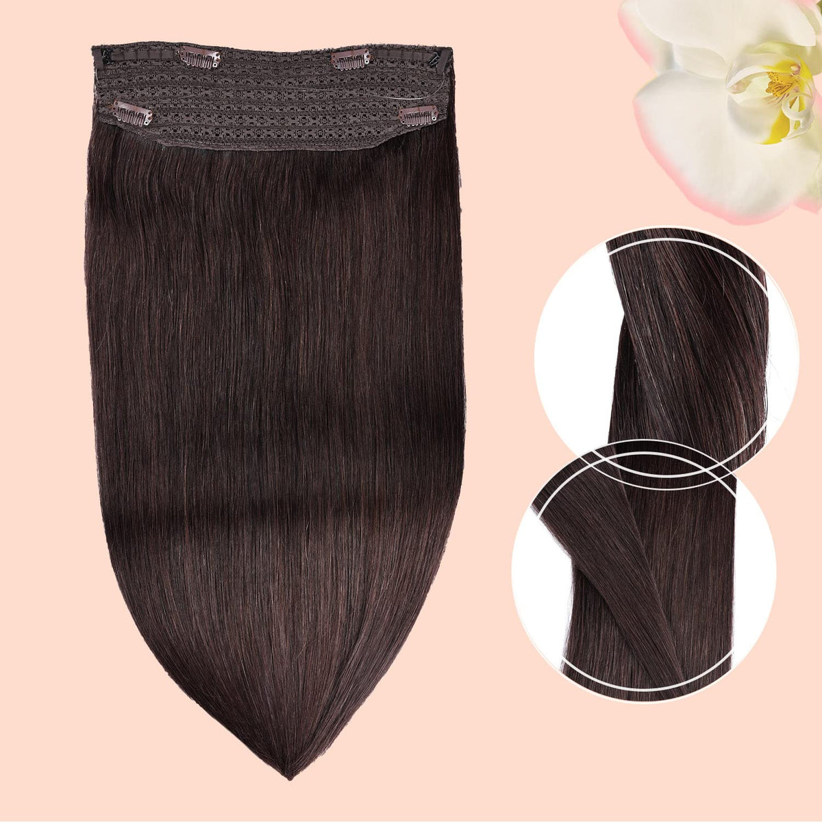 Wire Hair Extensions,DIYOMO Halo Hair Extensions Real Human Hair Dark Brown Hair Extensions Transparent Headband Adjustable Size Removable Secure,Hair Halo Extensions for Women,#2