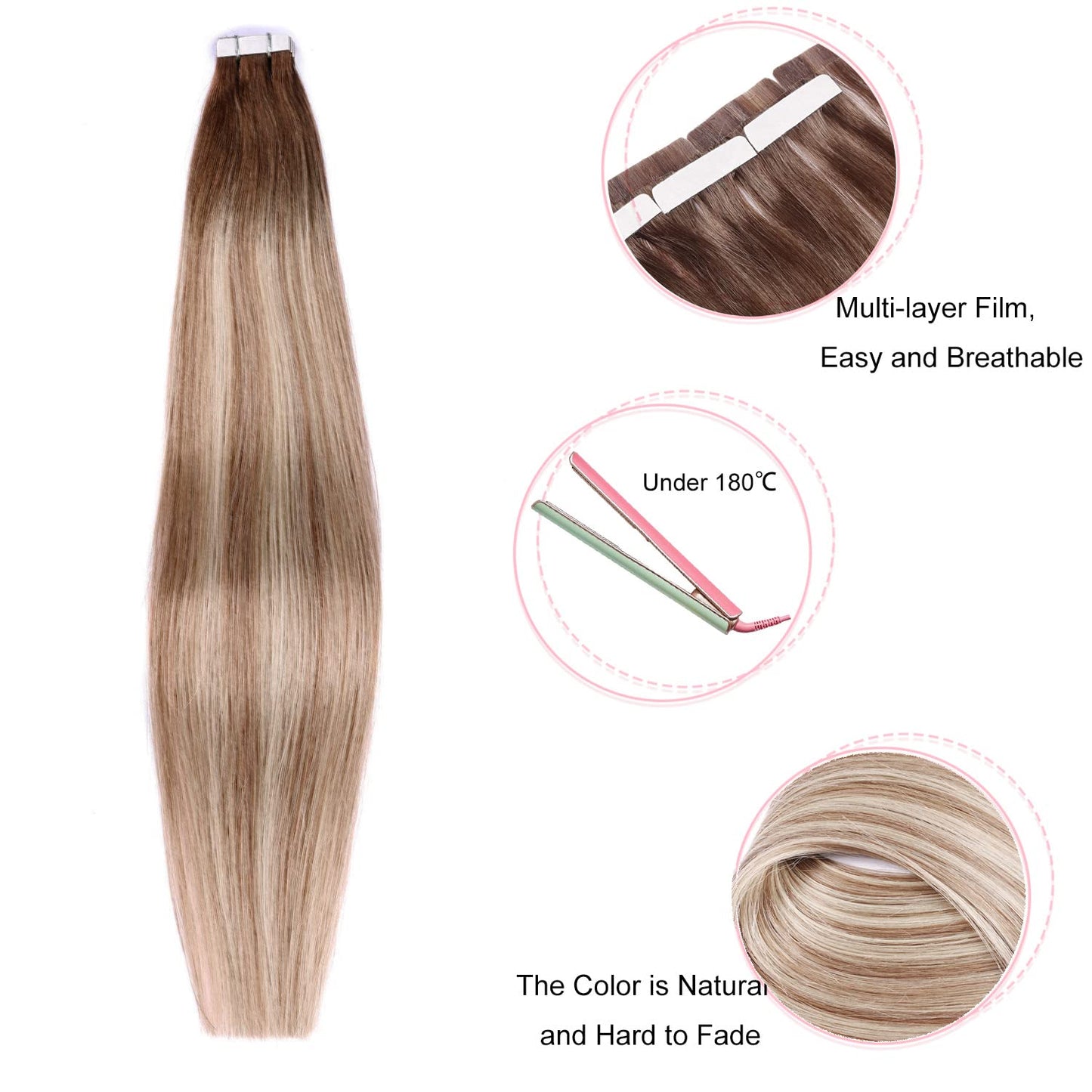 DIYOMO Tape in Hair Extensions Human Hair,#3/8/22 Darker Brown to Ash Brown and Blonde Hair Extensions Handcrafted Soft & Smooth Remy Hair Extensions for Women,2.5g/Pcs 50g/Pack,#3/8/22
