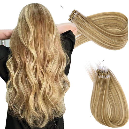 Microlink Hair Extensions Human Hair #A18/613A Dark blonde mixed with golden highlights 18 inch Smooth and Invisible Micro Loop Remy Hair 50g/pack Micro Link Microbead Human Hair Extensions