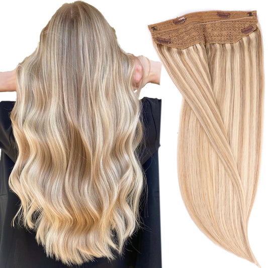 Wire Hair Extensions,DIYOMO Halo Hair Extensions Real Human Hair Hair Extensions Transparent Headband Adjustable Size Removable Secure，Hair Halo Extensions for Women,#P16/22