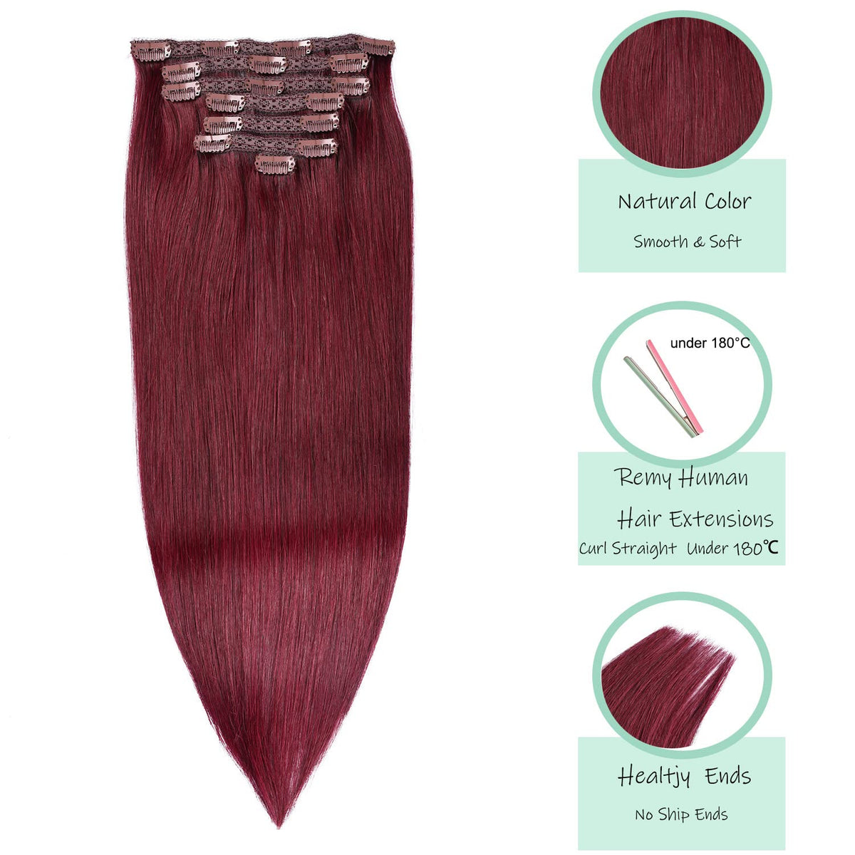 DIYOMO Clip in Hair Extensions Real Human Hair Wine Red 99J Burgundy Dark Red Clip in Human Hair Extensions 120g 7pcs Clip on Hair Extensions Clip Ins