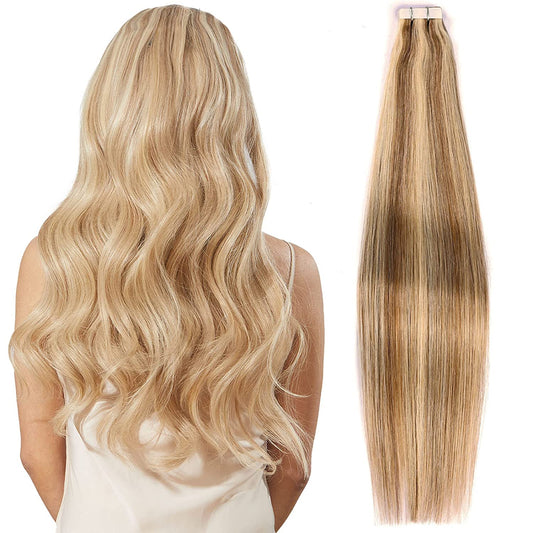 Tape in Hair Extensions Human Hair,#P18/613 DIYOMO Ash Blonde Highlighted Bleach Blonde Hair Extensions Handcrafted Soft & Smooth Remy Hair Extensions for Women,2.5g/Pcs 50g/Pack