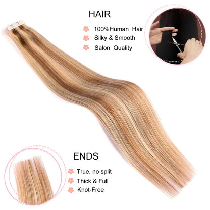 Tape in Hair Extensions Human Hair,#P18/613 DIYOMO Ash Blonde Highlighted Bleach Blonde Hair Extensions Handcrafted Soft & Smooth Remy Hair Extensions for Women,2.5g/Pcs 50g/Pack