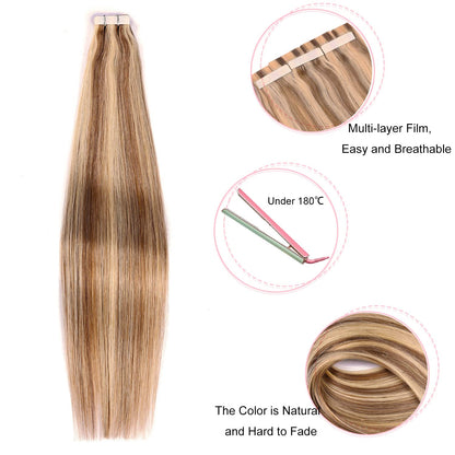 Tape in Hair Extensions Human Hair,#P18/613 DIYOMO Ash Blonde Highlighted Bleach Blonde Hair Extensions Handcrafted Soft & Smooth Remy Hair Extensions for Women,2.5g/Pcs 50g/Pack