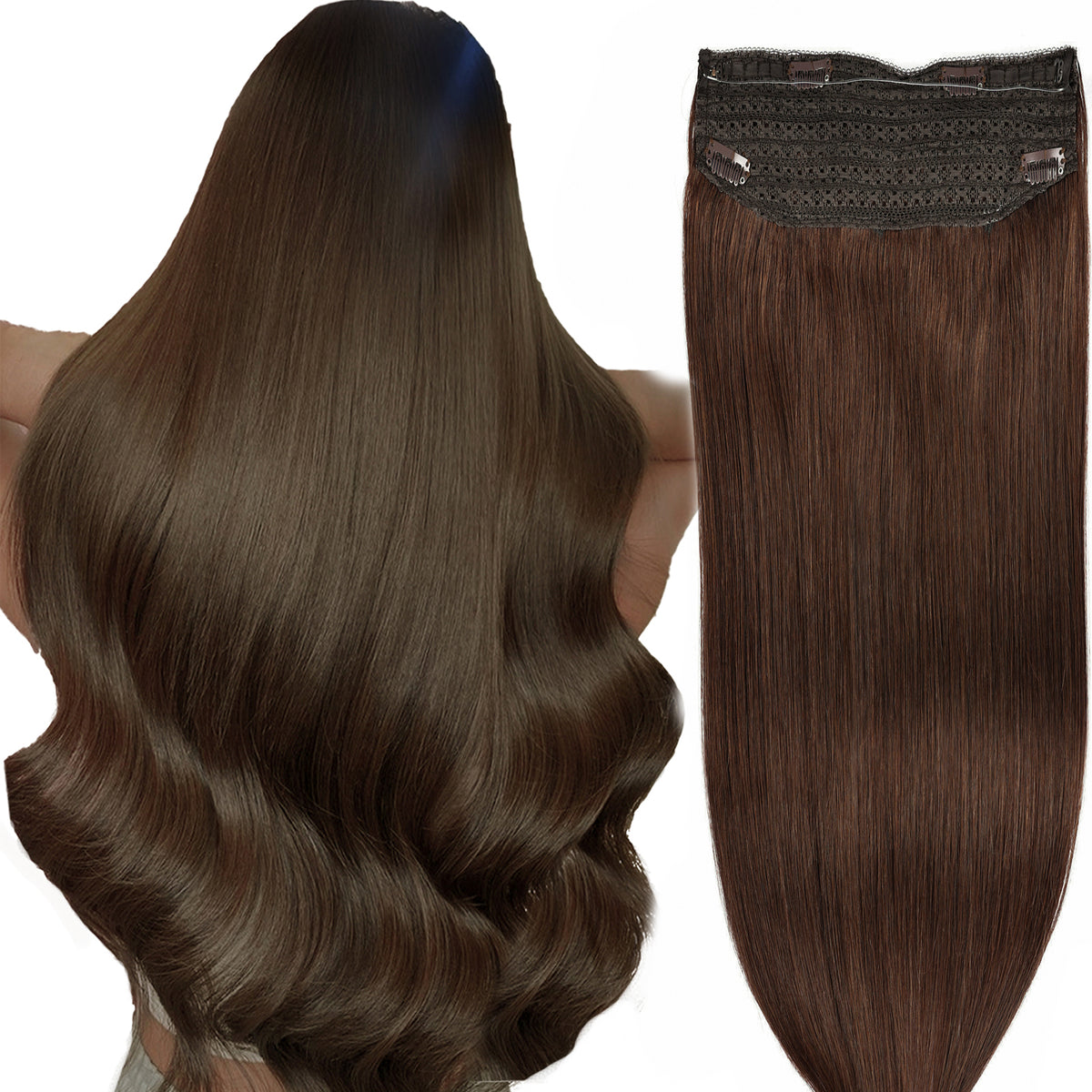 Wire Hair Extensions，DIYOMO Halo Hair Extensions Real Human Hair Auburn Medium Brown Hair Extensions Transparent Headband Adjustable Size Removable Secure，Hair Halo Extensions for Women,#4