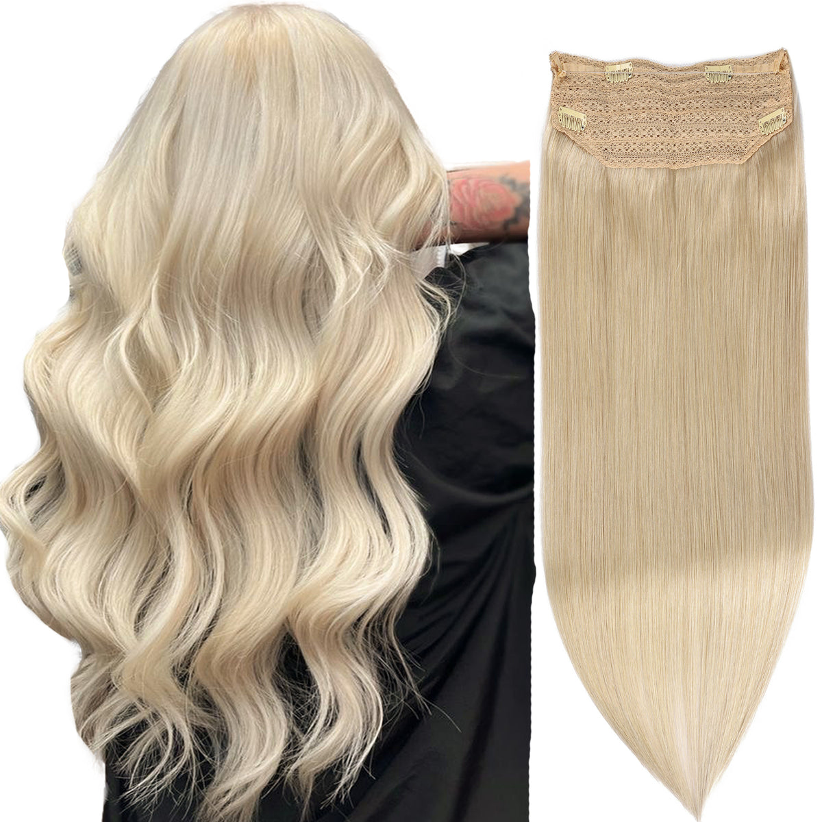 Wire Hair Extensions，DIYOMO Halo Hair Extensions Real Human Hair Hair Extensions Transparent Headband Adjustable Size Removable Secure，Hair Halo Extensions for Women,Bleach Blonde,#60A