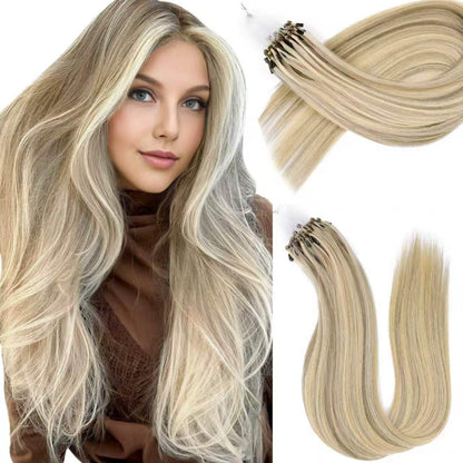Microlink Hair Extensions Human Hair #16/60 Ash Blonde Highlighted Platinum Blonde 18 inch Smooth and Invisible Micro Loop Remy Hair 50g/pack Micro Link Microbead Human Hair Extensions