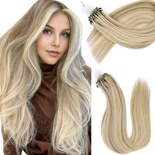Microlink Hair Extensions Human Hair #16/60 Ash Blonde Highlighted Platinum Blonde 18 inch Smooth and Invisible Micro Loop Remy Hair 50g/pack Micro Link Microbead Human Hair Extensions