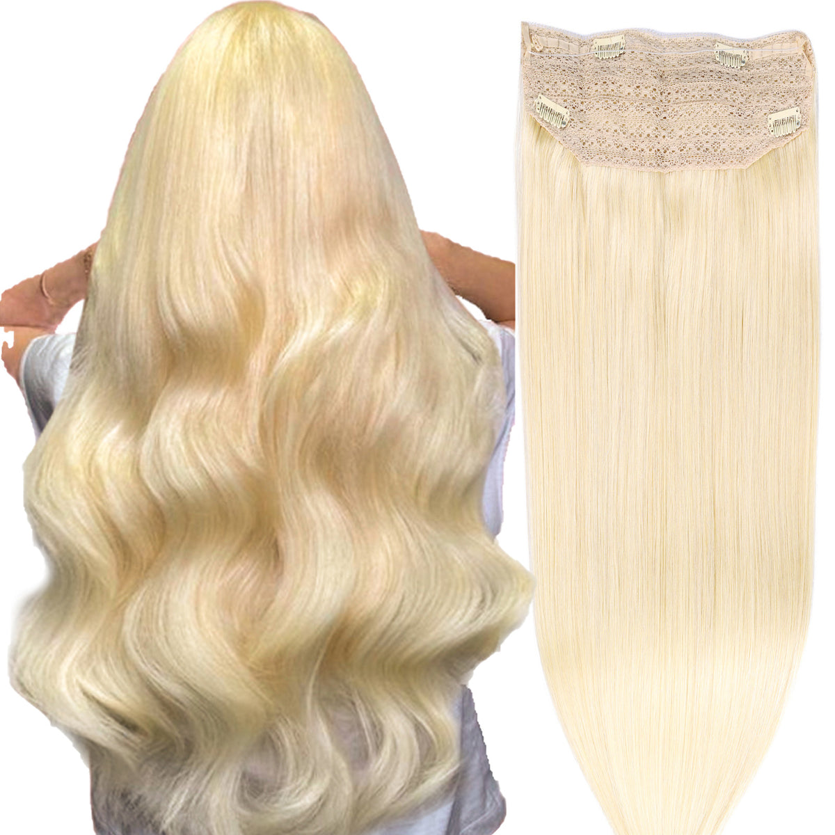 Wire Hair Extensions，DIYOMO Halo Hair Extensions Real Human Hair Hair Extensions Transparent Headband Adjustable Size Removable Secure，Hair Halo Extensions for Women,#60
