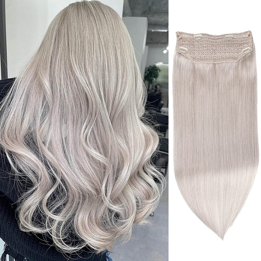 Wire Hair Extensions，DIYOMO Halo Hair Extensions Real Human Hair Hair Extensions Transparent Headband Adjustable Size Removable Secure，Hair Halo Extensions for Women,Bleach Blonde,#60A