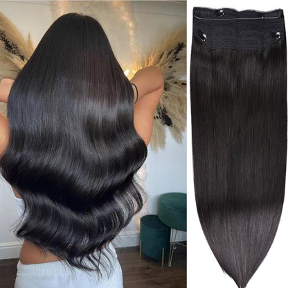 Wire Hair Extensions，DIYOMO Halo Hair Extensions Real Human Hair Natural Black Hair Extensions Transparent Headband Adjustable Size Removable Secure，Hair Halo Extensions for Women,#1B