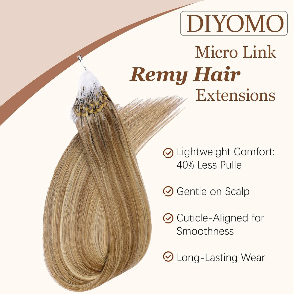 Microlink Hair Extensions Human Hair #760 Brown Balayage Light Brown with Blonde 18 inch Smooth and Invisible Micro Loop Remy Hair 50g/pack Micro Link Microbead Human Hair Extensions