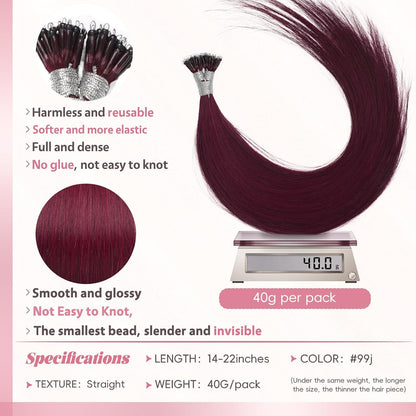 Remy-Hair Nano Bead Hair Extensions Human Hair 14Inch 40g/pack Nano Ring Hair Extensions Human Hair Color #99J Burgundy Long Straight Invisible for Women
