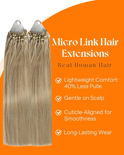 Microbead Hair Extensions Human Hair Micro Link Strands Golden Blonde, Smooth Texture, Adds Natural Volume for Evening Parties, Formal Occasions, and Celebrations, 50g