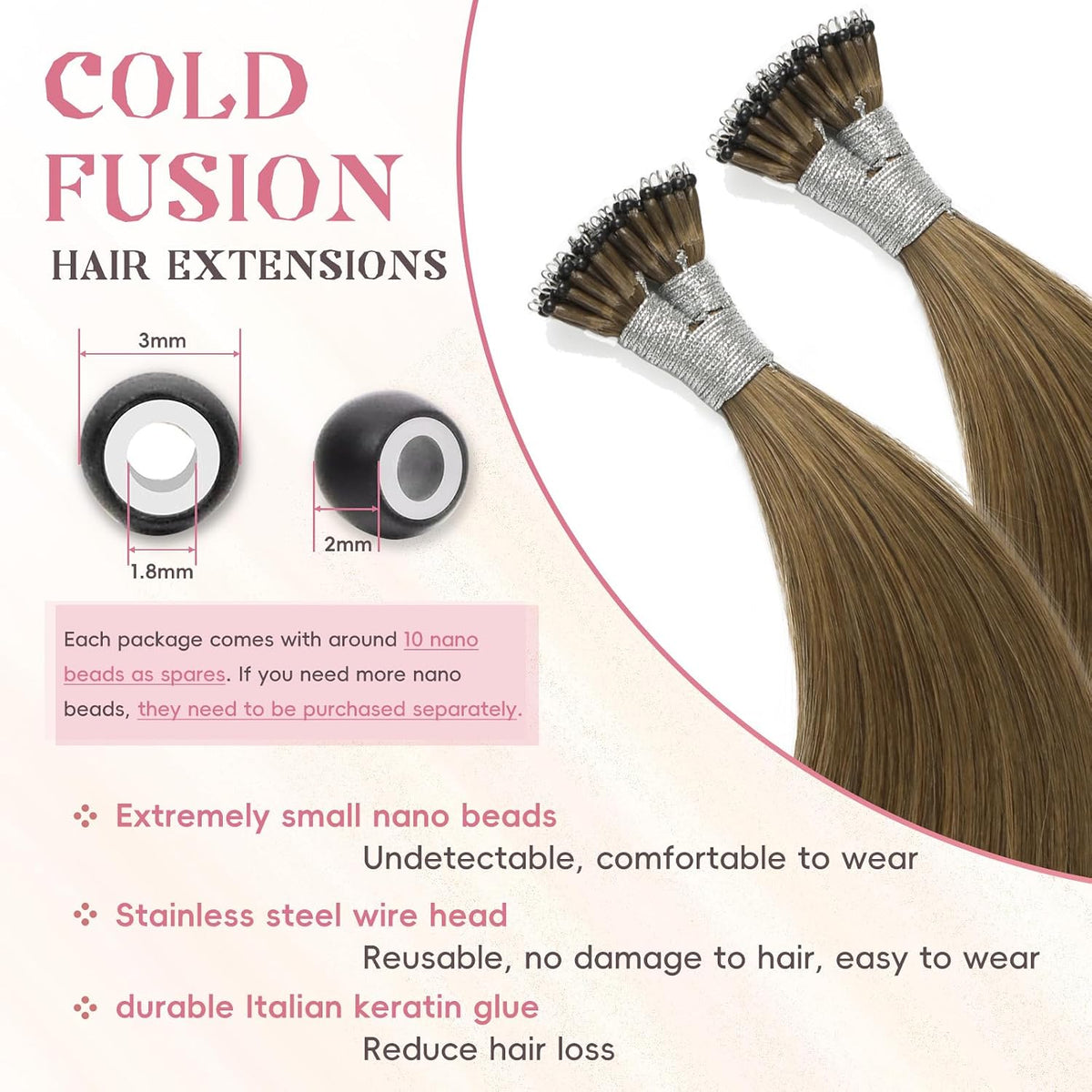 Remy-Hair Nano Bead Hair Extensions Human Hair 22Inch 40g/pack Nano Ring Hair Extensions Human Hair Color #7 Caramel Brown Long Straight Invisible for Women