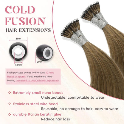 Remy-Hair Nano Bead Hair Extensions Human Hair 22Inch 40g/pack Nano Ring Hair Extensions Human Hair Color #7 Caramel Brown Long Straight Invisible for Women