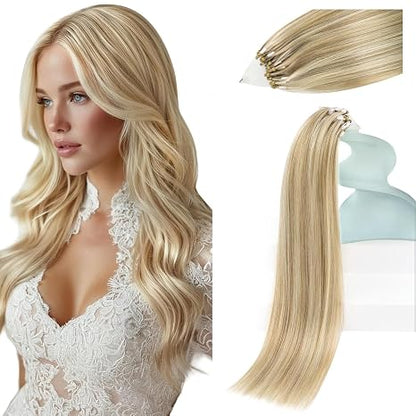 Microbead Hair Extensions Human Hair Micro Link Strands Golden Blonde, Smooth Texture, Adds Natural Volume for Evening Parties, Formal Occasions, and Celebrations, 50g