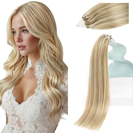 Microbead Hair Extensions Human Hair Micro Link Strands Golden Blonde, Smooth Texture, Adds Natural Volume for Evening Parties, Formal Occasions, and Celebrations, 50g