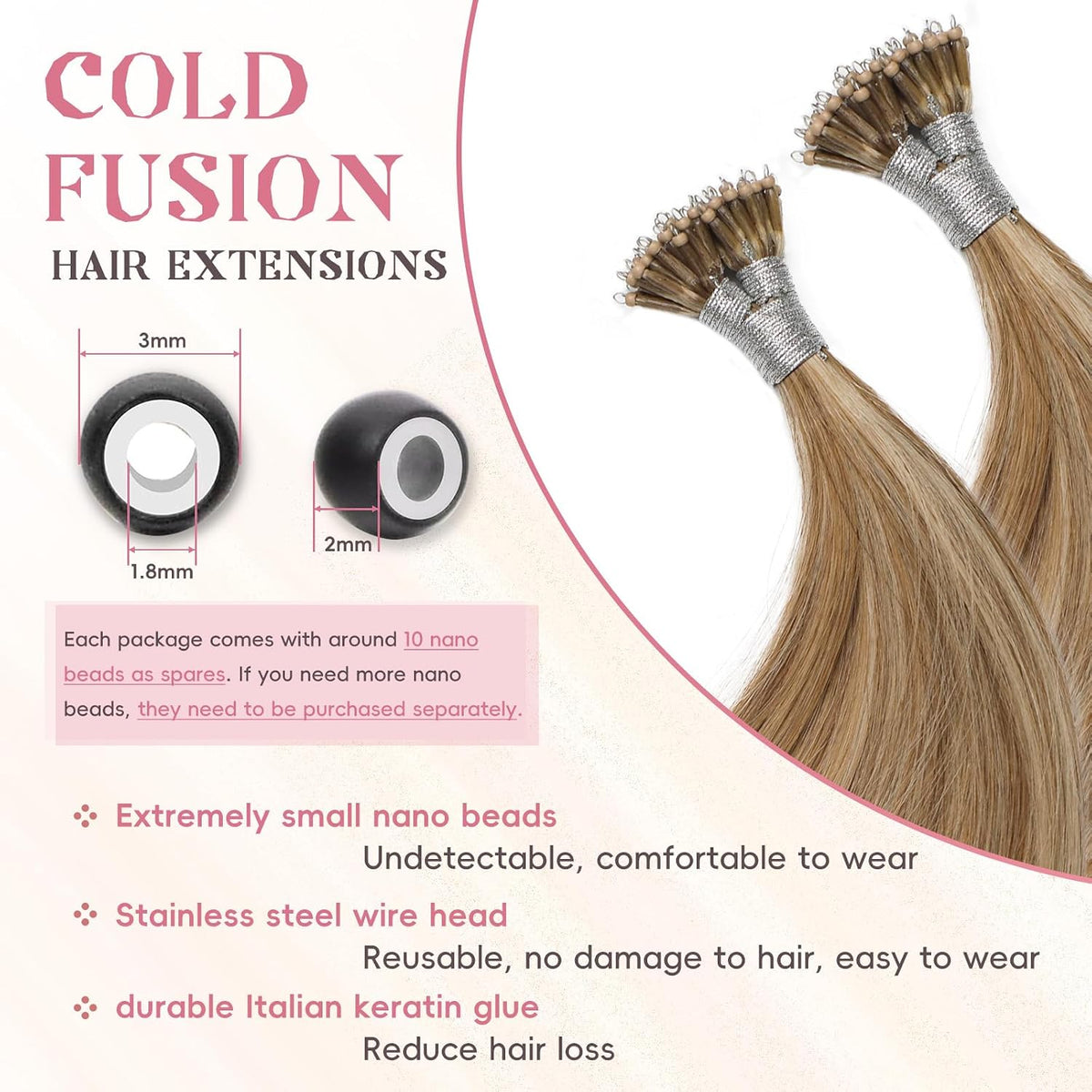 Remy-Hair Nano Bead Hair Extensions Human Hair 14Inch 40g/pack Nano Ring Hair Extensions Human Hair Color #60/7 Chocolate Brown Mix Caramel Blonde Long Straight Invisible for Women