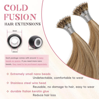 Remy-Hair Nano Bead Hair Extensions Human Hair 14Inch 40g/pack Nano Ring Hair Extensions Human Hair Color #60/7 Chocolate Brown Mix Caramel Blonde Long Straight Invisible for Women