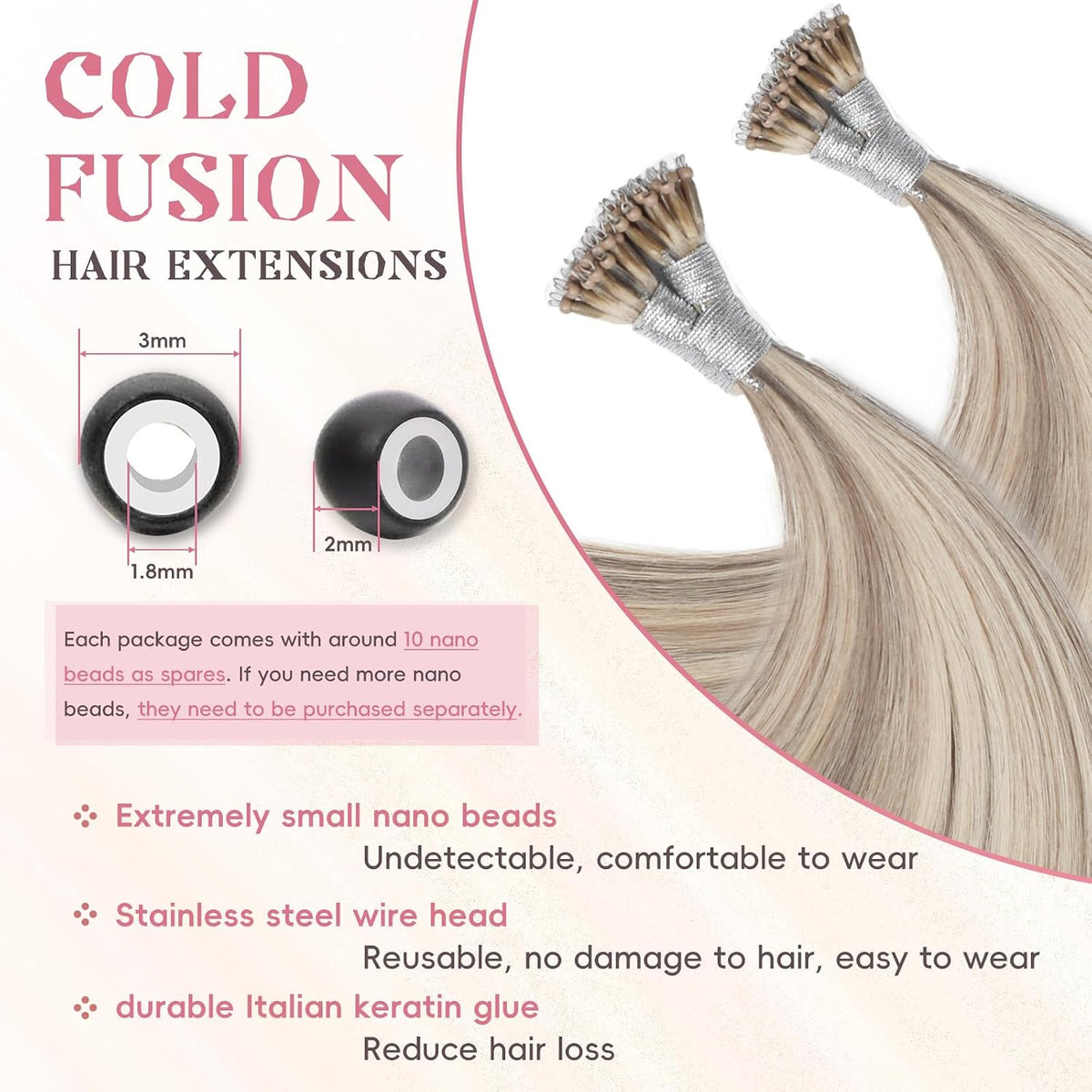 Remy-Hair Nano Bead Hair Extensions Human Hair 18Inch 40g/pack Nano Ring Hair Extensions Human Hair Color #P60/16 Grey Brown Mix Blonde Long Straight Invisible for Women
