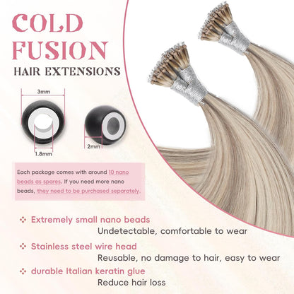 Remy-Hair Nano Bead Hair Extensions Human Hair 18Inch 40g/pack Nano Ring Hair Extensions Human Hair Color #P60/16 Grey Brown Mix Blonde Long Straight Invisible for Women