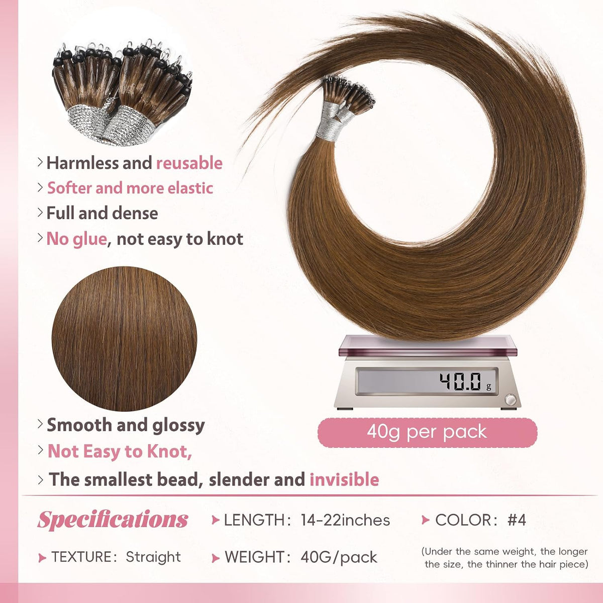 Remy-Hair Nano Bead Hair Extensions Human Hair 22Inch 40g/pack Nano Ring Hair Extensions Human Hair Color #4 Flax Brown Long Straight Invisible for Women