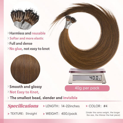Remy-Hair Nano Bead Hair Extensions Human Hair 22Inch 40g/pack Nano Ring Hair Extensions Human Hair Color #4 Flax Brown Long Straight Invisible for Women