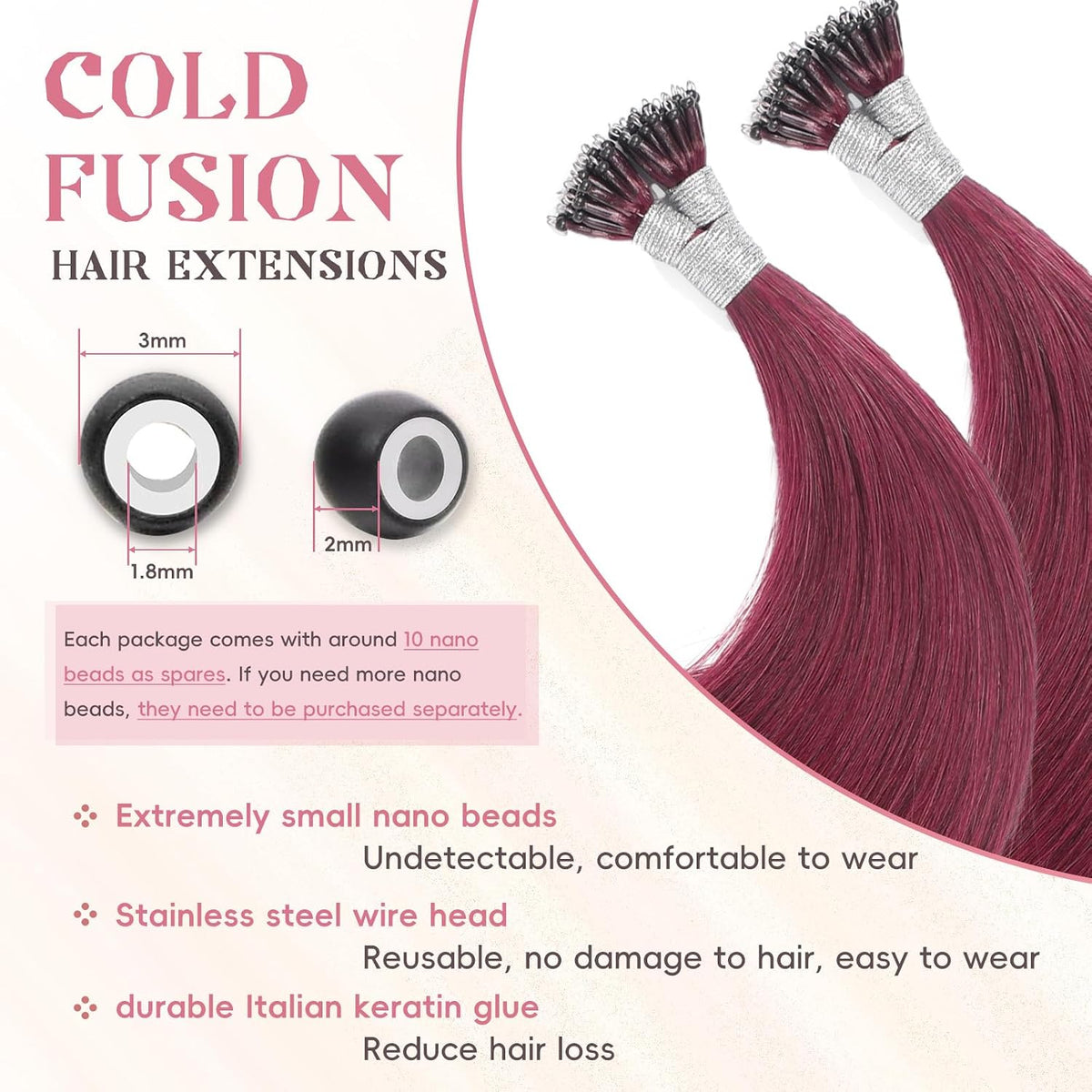 Remy-Hair Nano Bead Hair Extensions Human Hair 14Inch 40g/pack Nano Ring Hair Extensions Human Hair Color #99J Burgundy Long Straight Invisible for Women