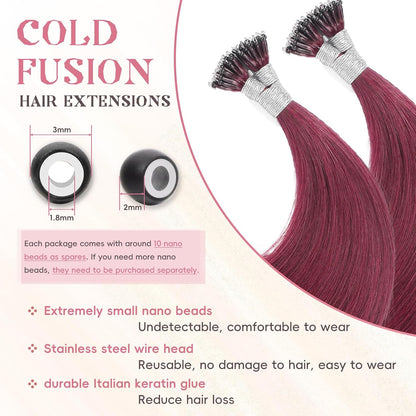 Remy-Hair Nano Bead Hair Extensions Human Hair 14Inch 40g/pack Nano Ring Hair Extensions Human Hair Color #99J Burgundy Long Straight Invisible for Women