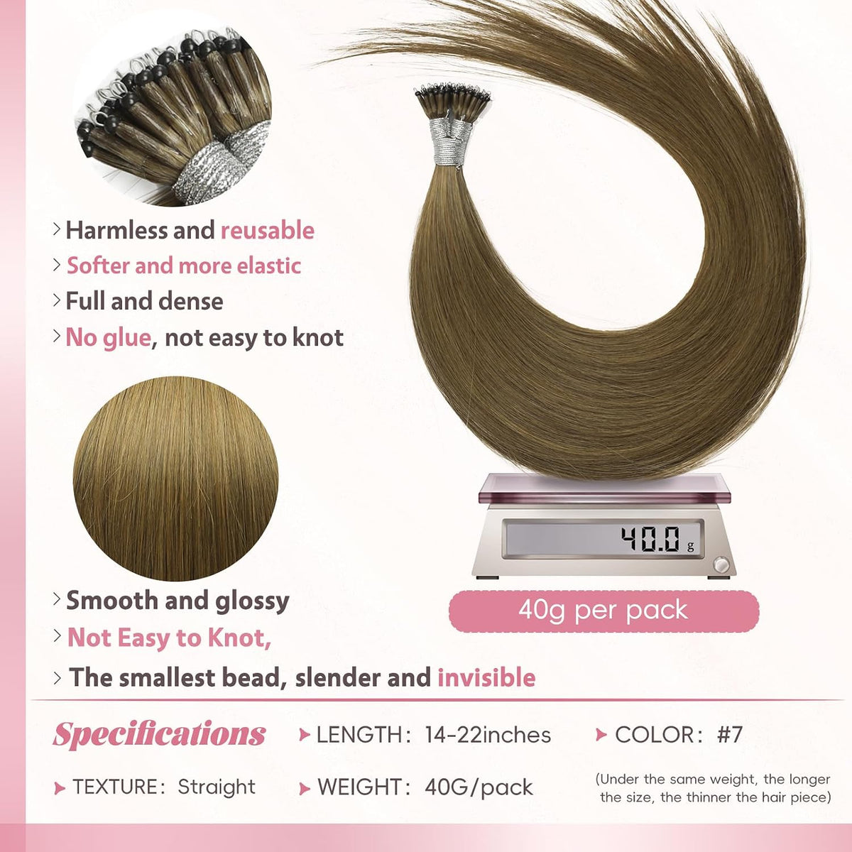 Remy-Hair Nano Bead Hair Extensions Human Hair 22Inch 40g/pack Nano Ring Hair Extensions Human Hair Color #7 Caramel Brown Long Straight Invisible for Women