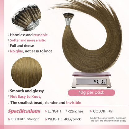 Remy-Hair Nano Bead Hair Extensions Human Hair 22Inch 40g/pack Nano Ring Hair Extensions Human Hair Color #7 Caramel Brown Long Straight Invisible for Women