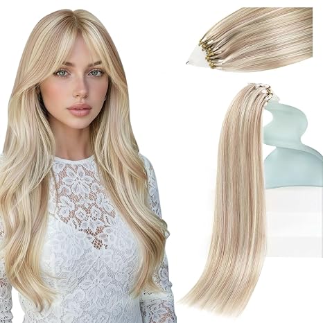Microbead Hair Extensions Human Hair Micro Ring Ash Blonde Highlight Bleach Blonde, Smooth Texture, Adds Volume for Daily Wear and Special Occasions, 50g