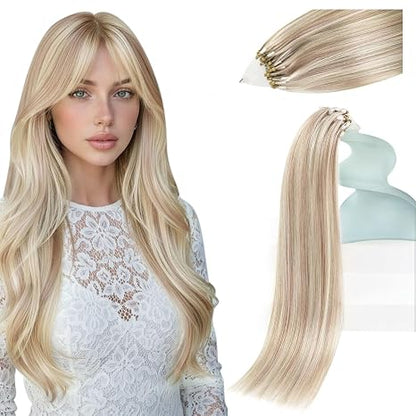 Microbead Hair Extensions Human Hair Micro Ring Ash Blonde Highlight Bleach Blonde, Smooth Texture, Adds Volume for Daily Wear and Special Occasions, 50g