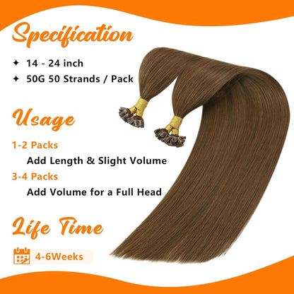 Utip Hair Extensions Human Hair Light Chestnut Brown Pre-Bonded, Lightweight Feel, Tangle-Free, for Parties, Evening Events and Professional Settings, 50g Visit the  Hair Store