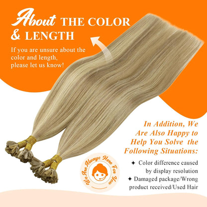 U Tip Hair Extensions Real Human Hair Soft Hot Fusion Keratin Vtips, Smooth Texture, for Event Styling and Special Occasions, Blonde Highlights, 50g
