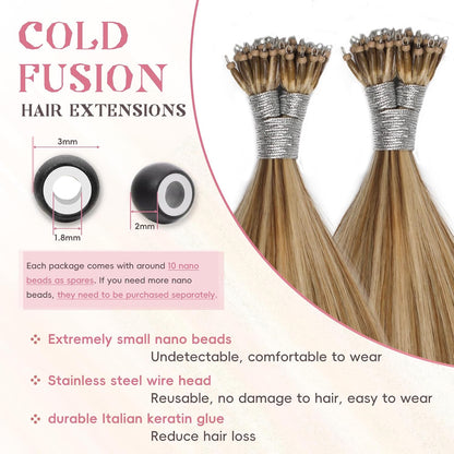 Remy-Hair Nano Bead Hair Extensions Human Hair 22Inch 40g/pack Nano Ring Hair Extensions Human Hair Color #613/18 Brown Light Brown Mix Blonde Long Straight Invisible for Women