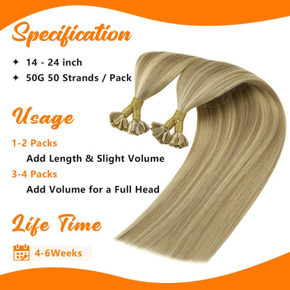U Tip Hair Extensions Real Human Hair Soft Hot Fusion Keratin Vtips, Smooth Texture, for Event Styling and Special Occasions, Blonde Highlights, 50g