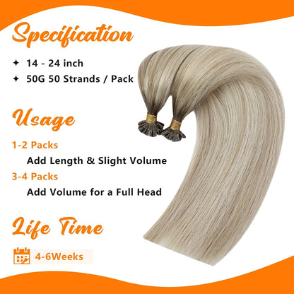 U Tip Hair Extensions Human Hair Ash Blonde Balayage Keratin Tips Soft, Platinum Blonde Highlights, Natural Blend, Great for Party Wear and Special Events, 50g