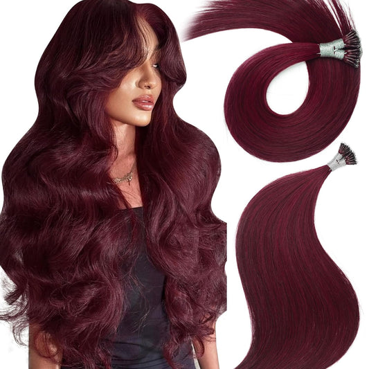 Remy-Hair Nano Bead Hair Extensions Human Hair 14Inch 40g/pack Nano Ring Hair Extensions Human Hair Color #99J Burgundy Long Straight Invisible for Women