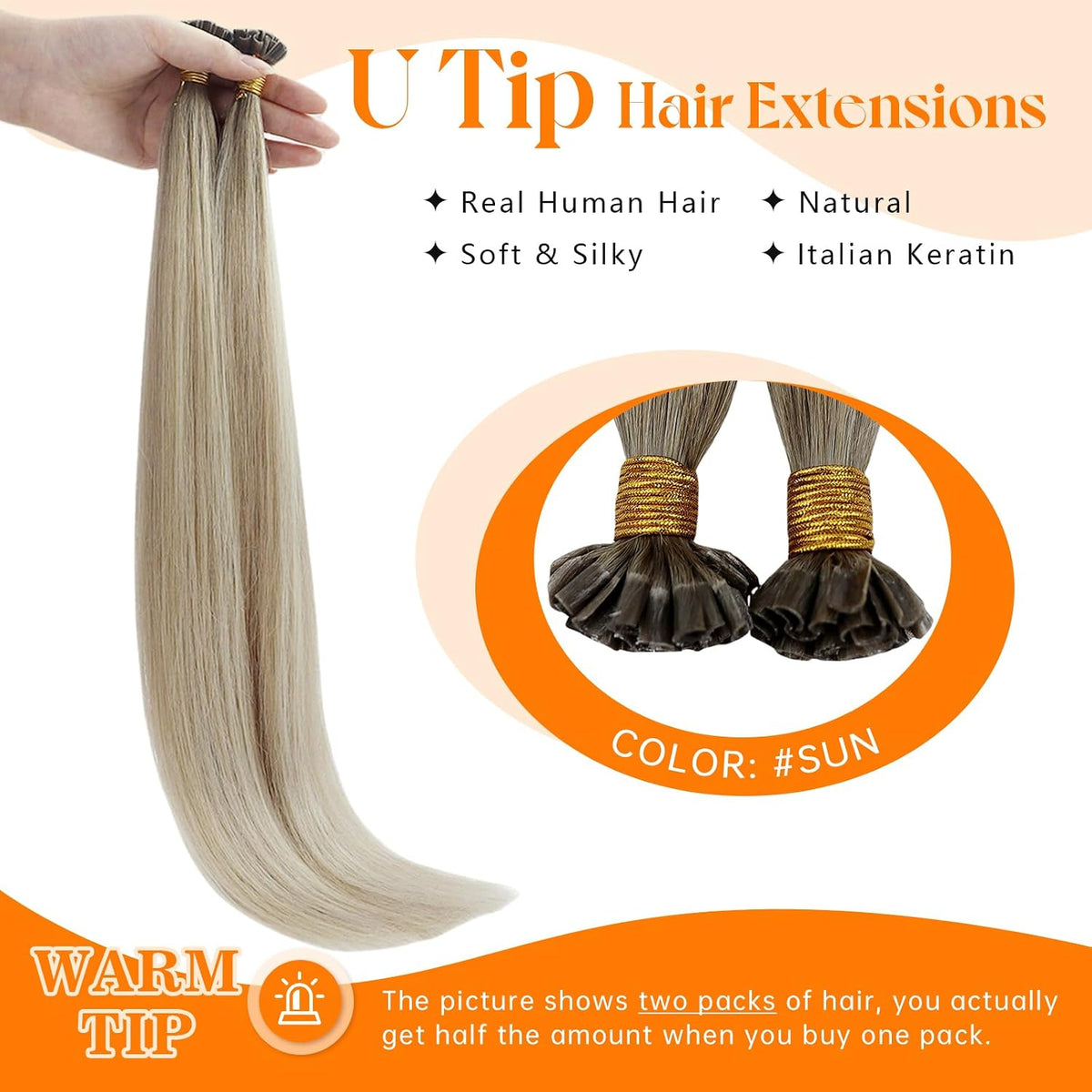 U Tip Hair Extensions Human Hair Ash Blonde Balayage Keratin Tips Soft, Platinum Blonde Highlights, Natural Blend, Great for Party Wear and Special Events, 50g